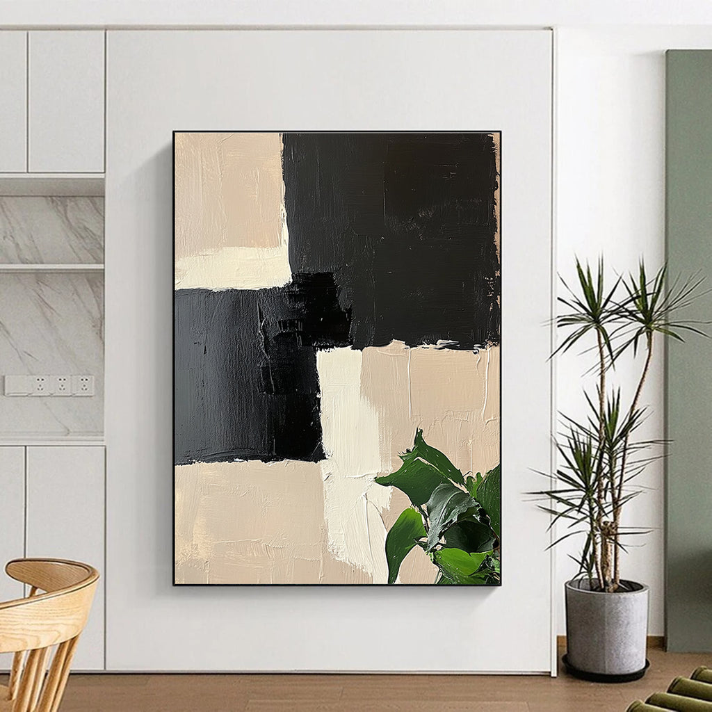 Beige and Black Geometric Abstract Painting with Textured Squares GAB0060