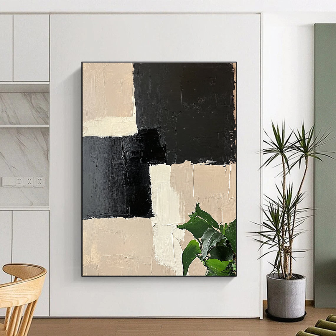Beige and Black Geometric Abstract Painting with Textured Squares GAB0060