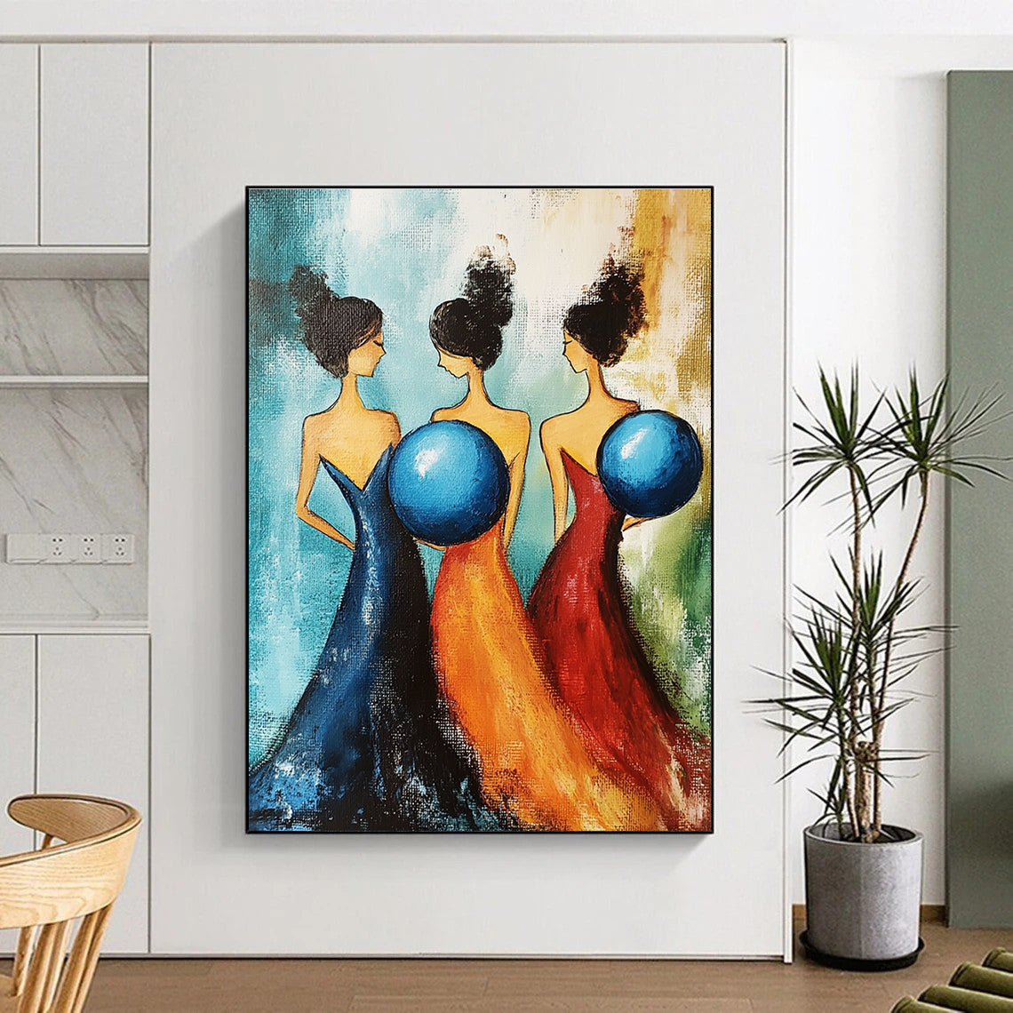 Three Women with Blue Spheres - Whimsical Figurative Abstract Art GAB0431