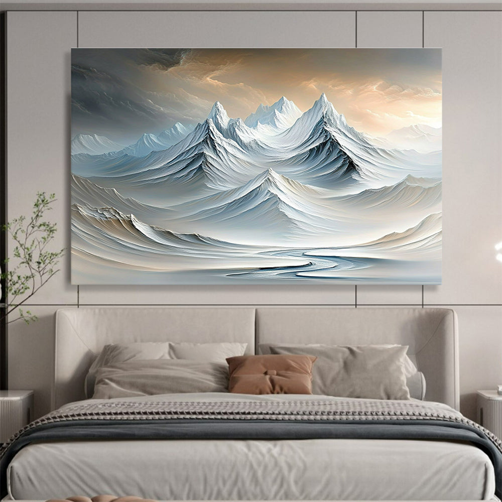 Surreal Snowy Mountain Range Abstract Painting with Dreamlike Beauty ABS609