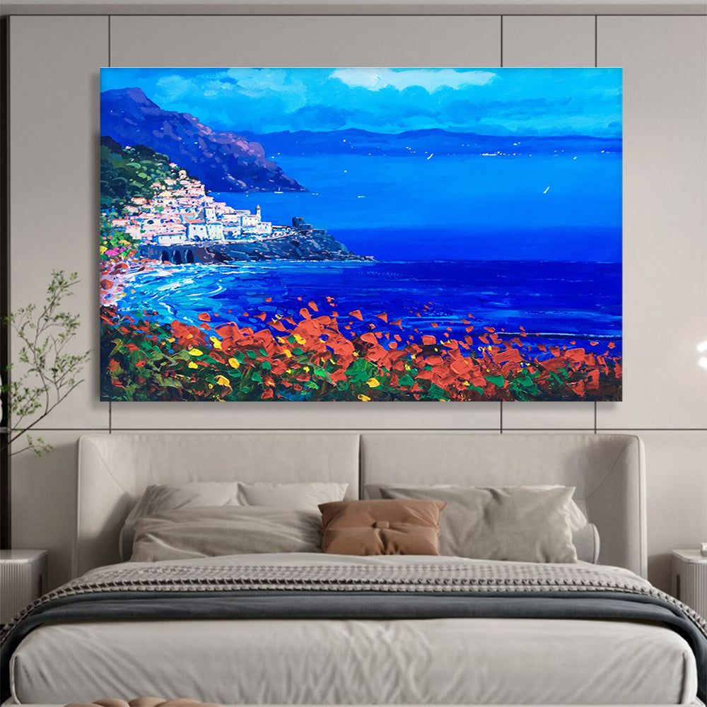 Coastal Town Night Abstract Painting for Mediterranean - Style Bars YHT434