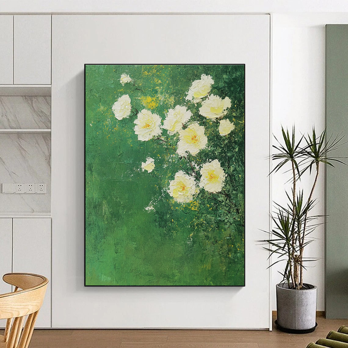 White Roses on Green Impressionistic Abstract Painting GAB0305