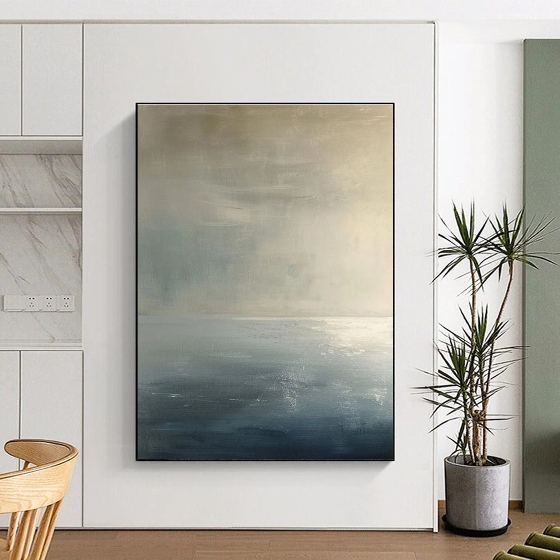 Subtle Monochromatic Sea Abstract Painting for Serene Bedrooms HENG299