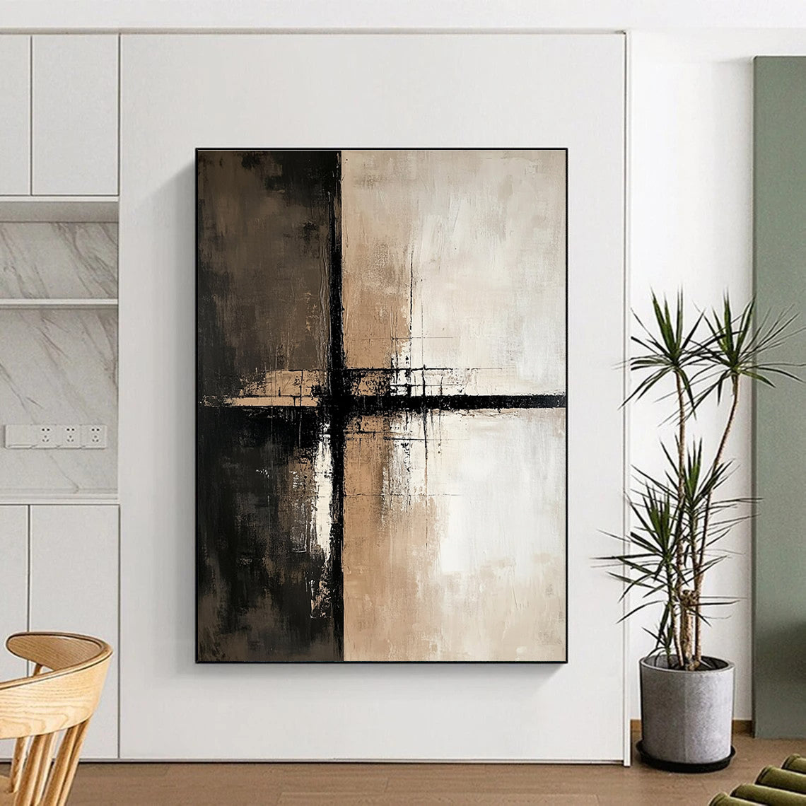Textured Brown and Black Cross Abstract Painting for Modern Interiors GAB0680