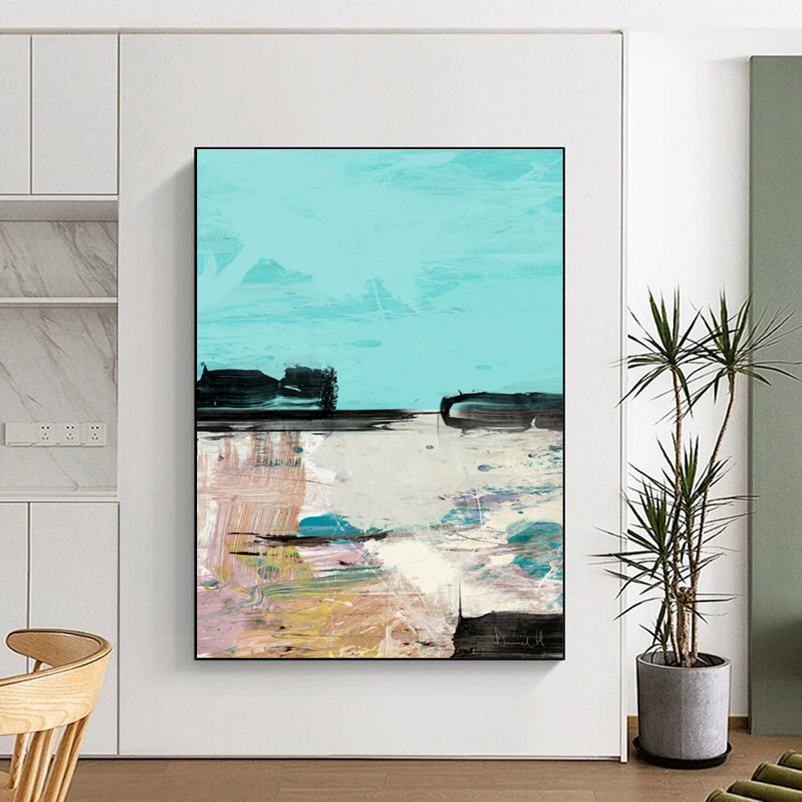 Turquoise - Toned Landscape Abstract Painting for Coastal - Inspired Cafés HENG197