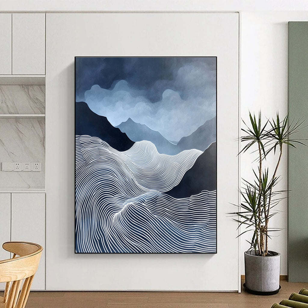 Blue and White Mountain Waves Serene Landscape Abstract Painting GAB0299