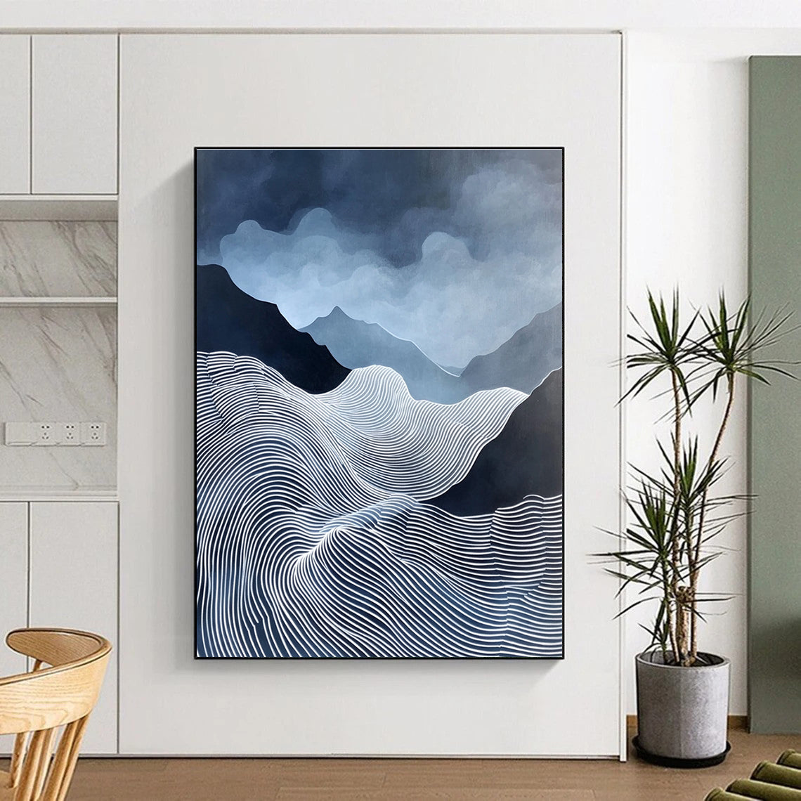 Blue and White Mountain Waves Serene Landscape Abstract Painting GAB0299