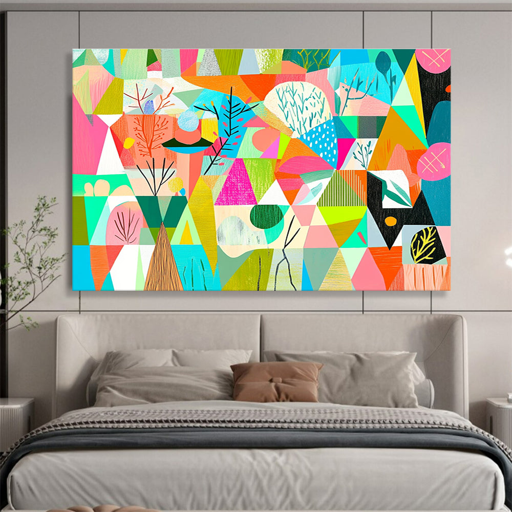 Geometric Nature Collage: Whimsical Landscape Reimagined Abstract Painting ABS154