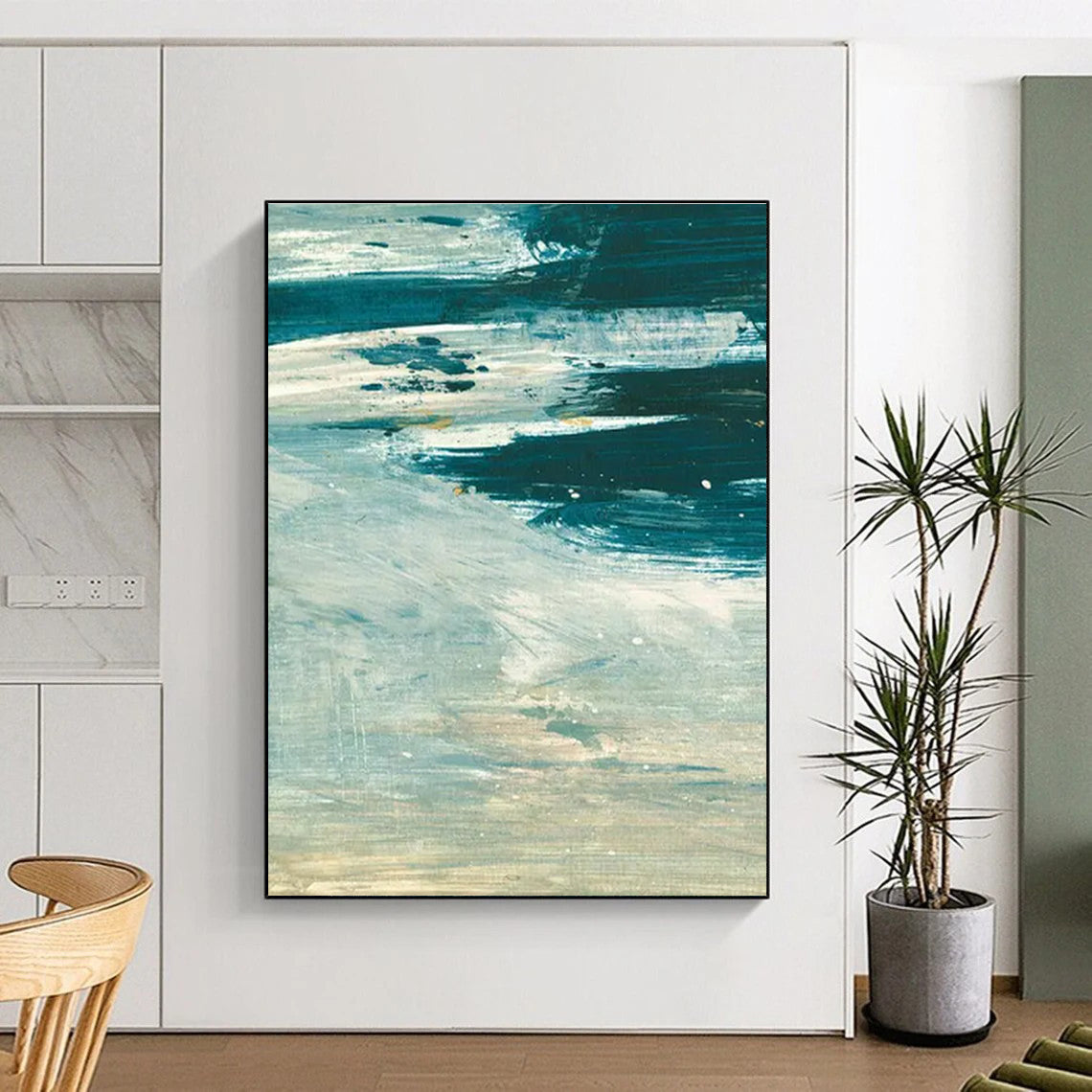 Textured Blue - Green Abstract Painting for Coastal - Inspired Home Offices HENG176