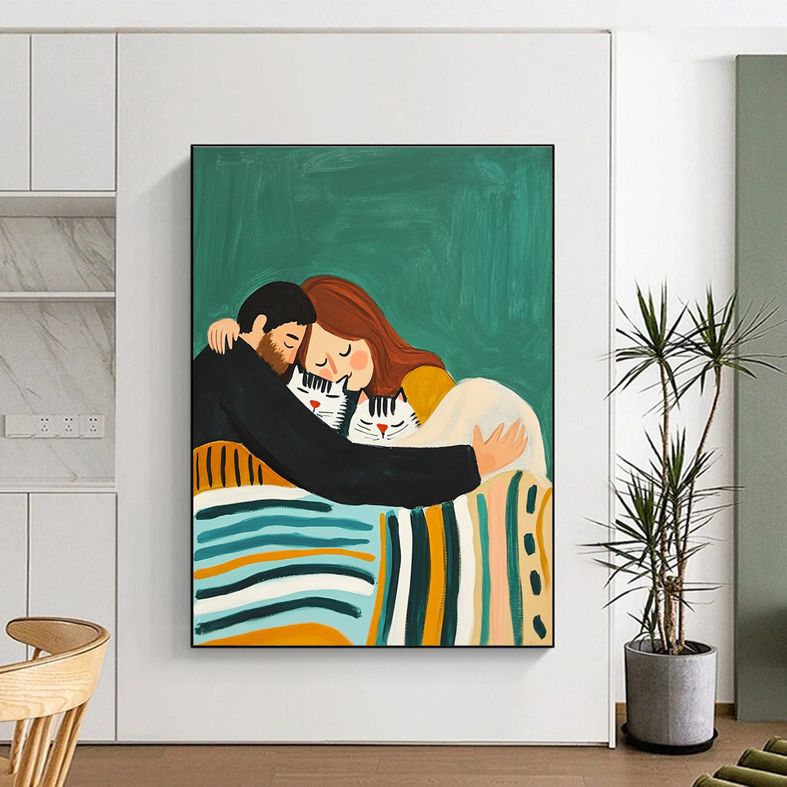Cozy Family and Cats Painting with Heartwarming Charm GAB0106