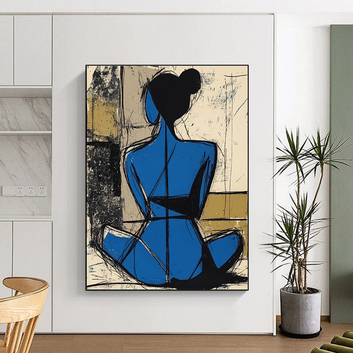 Blue Figure Silhouette Abstract Painting of Graceful Form GAB0116