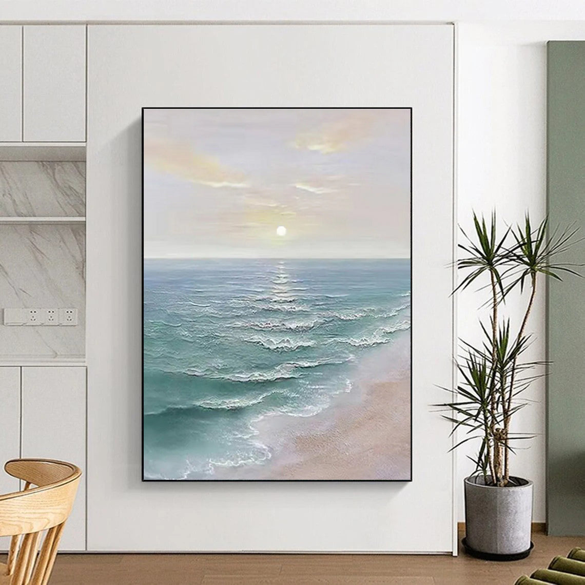 Coastal Sunset with Calm Waves Abstract Painting for Seaside - Themed Living Rooms HENG350