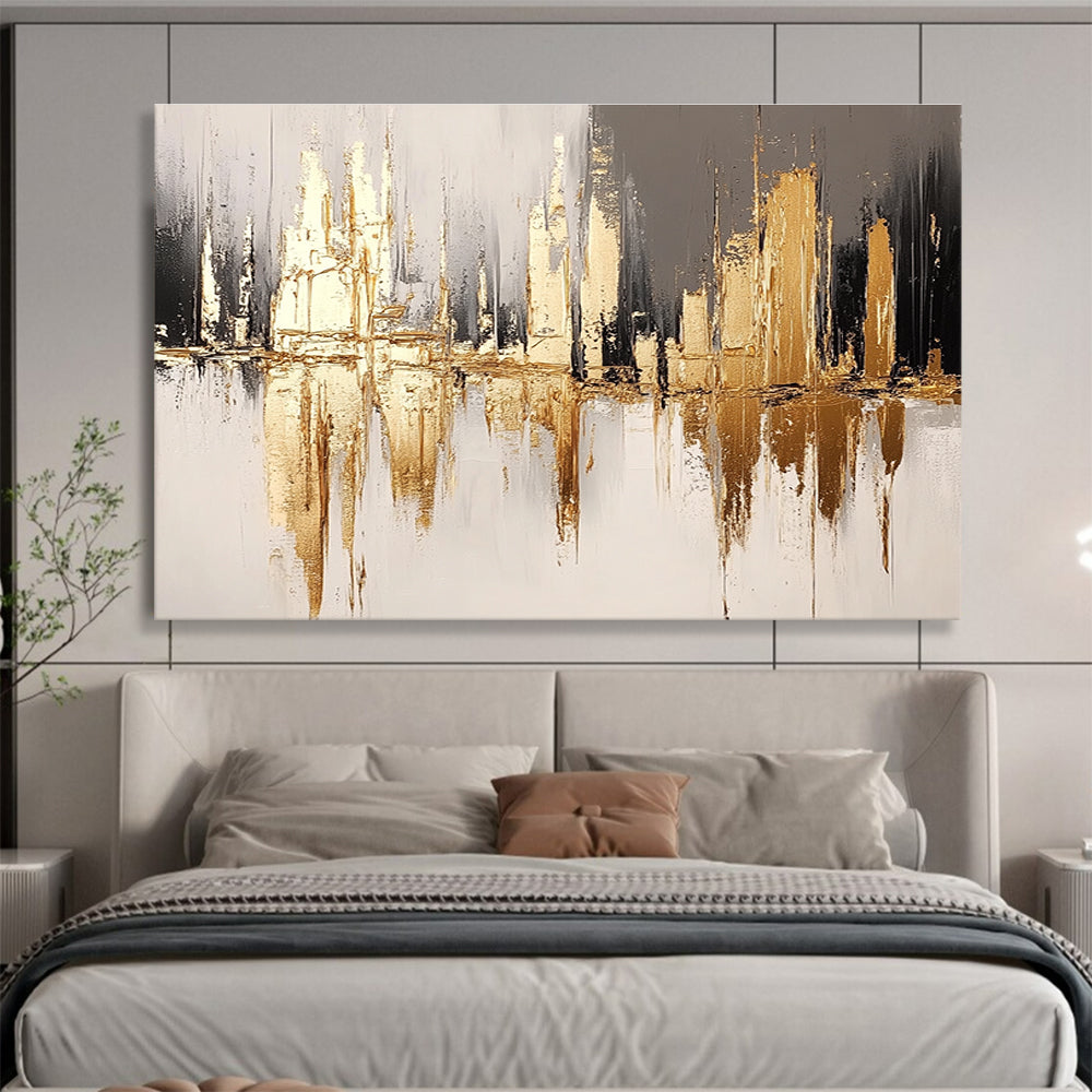 Golden City Reflection with Metallic Accents Abstract Painting ABS311