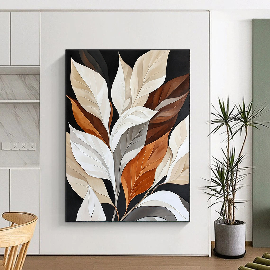 Colorful Leaves on Black Sophisticated Botanical Abstract Painting GAB0303
