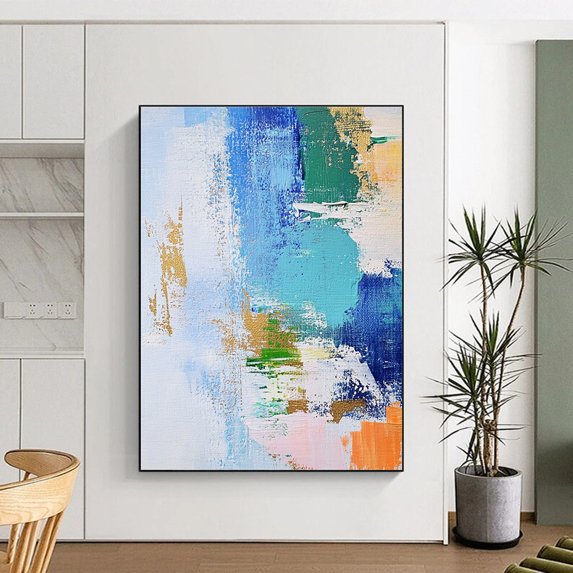 Blue Green Gold Abstract Painting with Dynamic Brushstrokes WINK616
