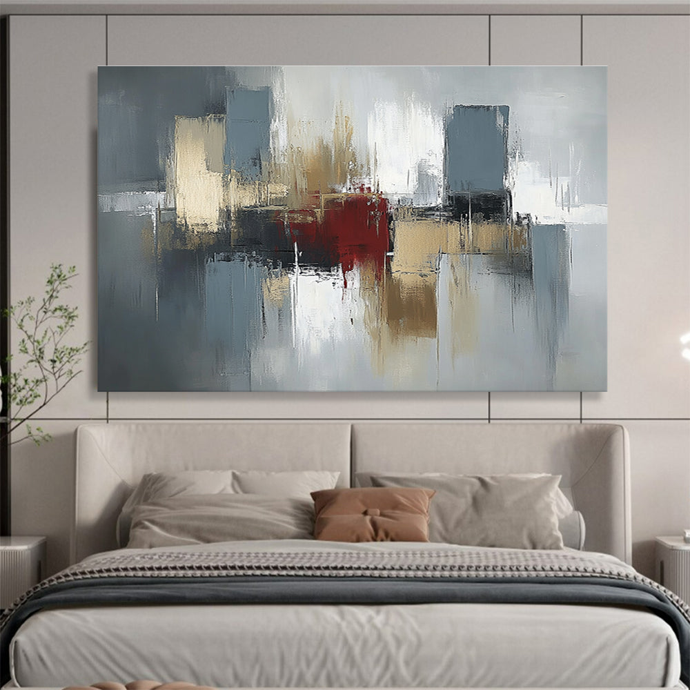 Gray, Gold and Red Abstract Cityscape Painting with Urban Energy ABS403