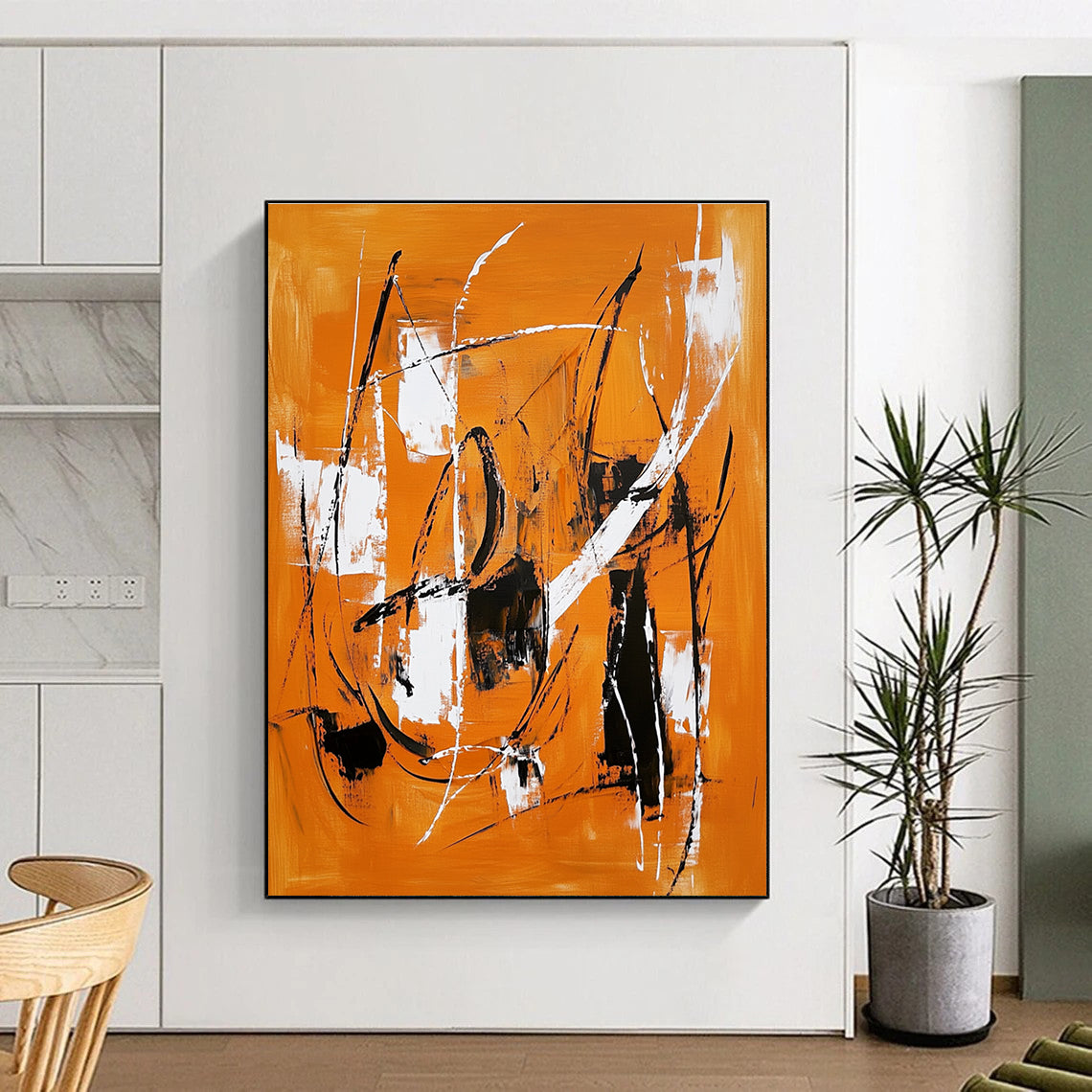 Orange Black White Abstract Painting with Dynamic Lines WINK659