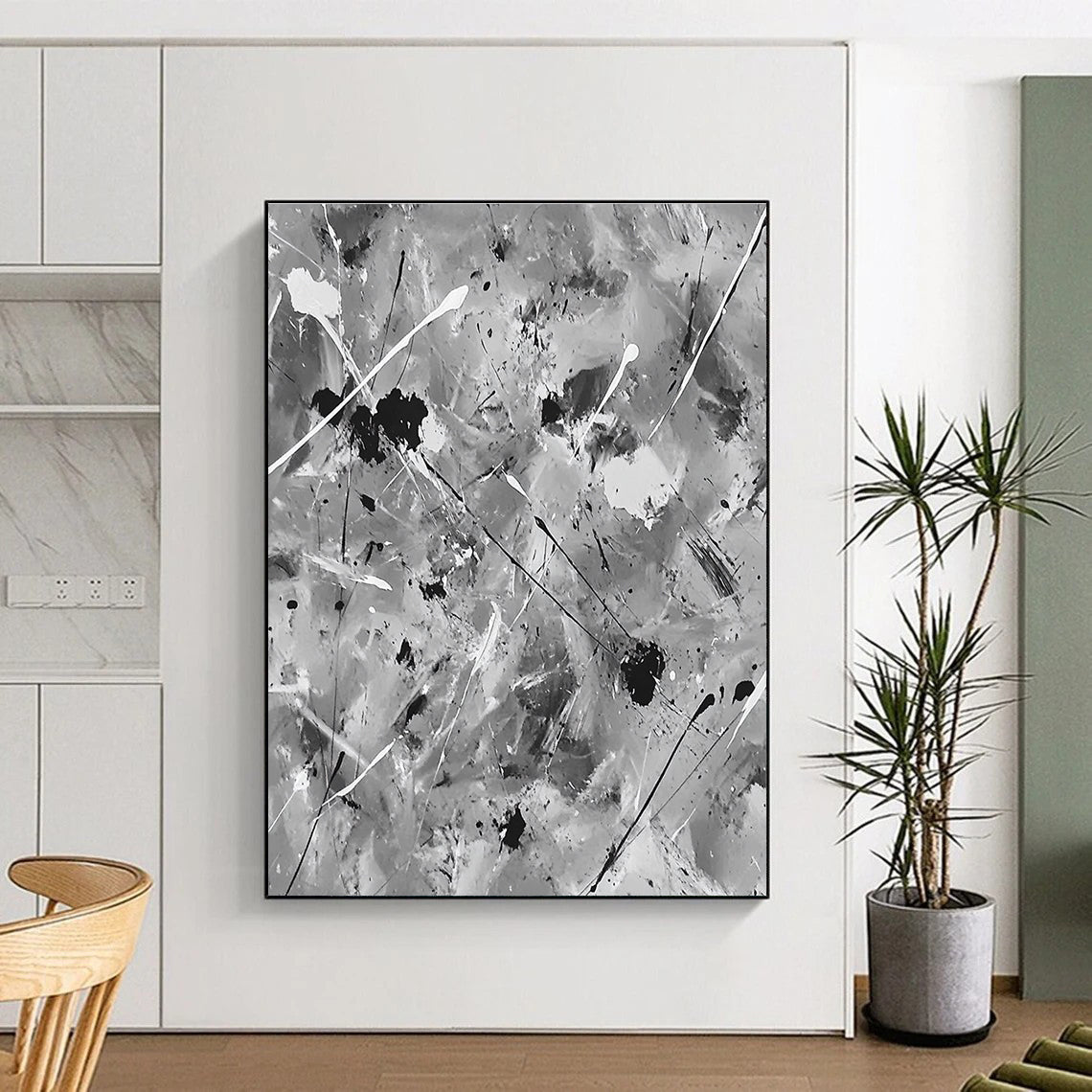Black and White Splatter Abstract Painting with Dynamic Chaos WINK106