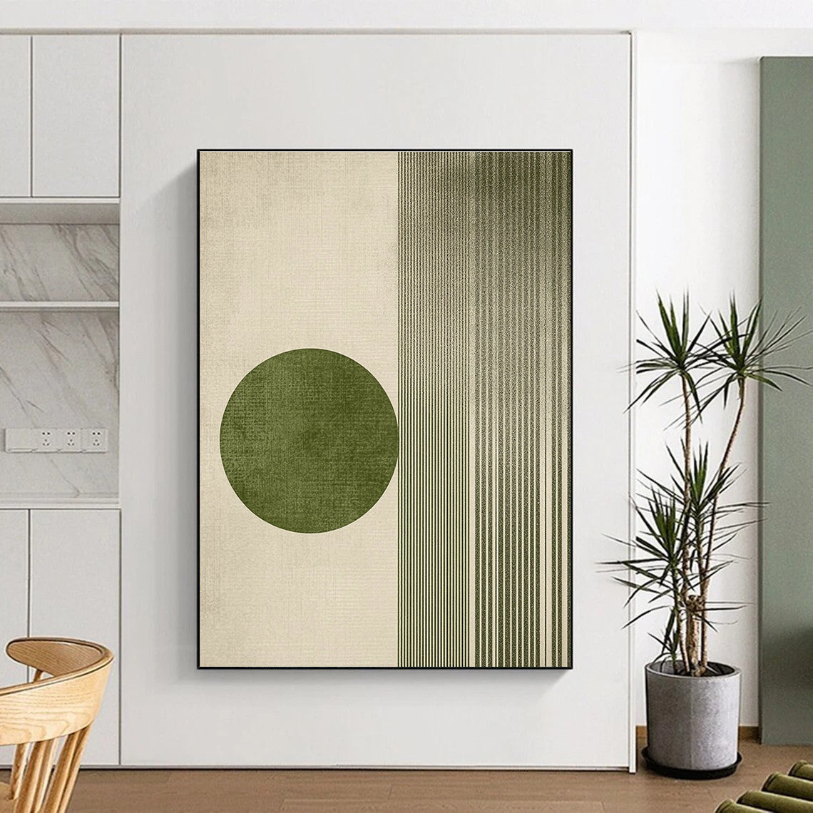 Green Circle and Lines Abstract Painting for Modern Minimalist Interiors GAB1370
