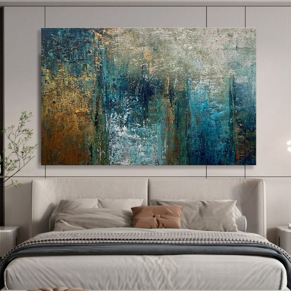 Teal and Gold Abstract Layers Painting for Modern Beach Houses YHT337