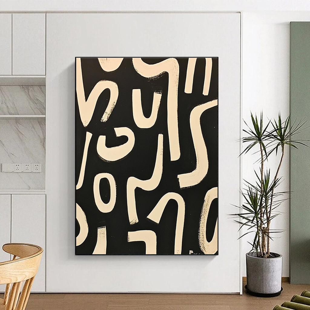 Black and White Curved Lines Dynamic Abstract Painting GAB0370