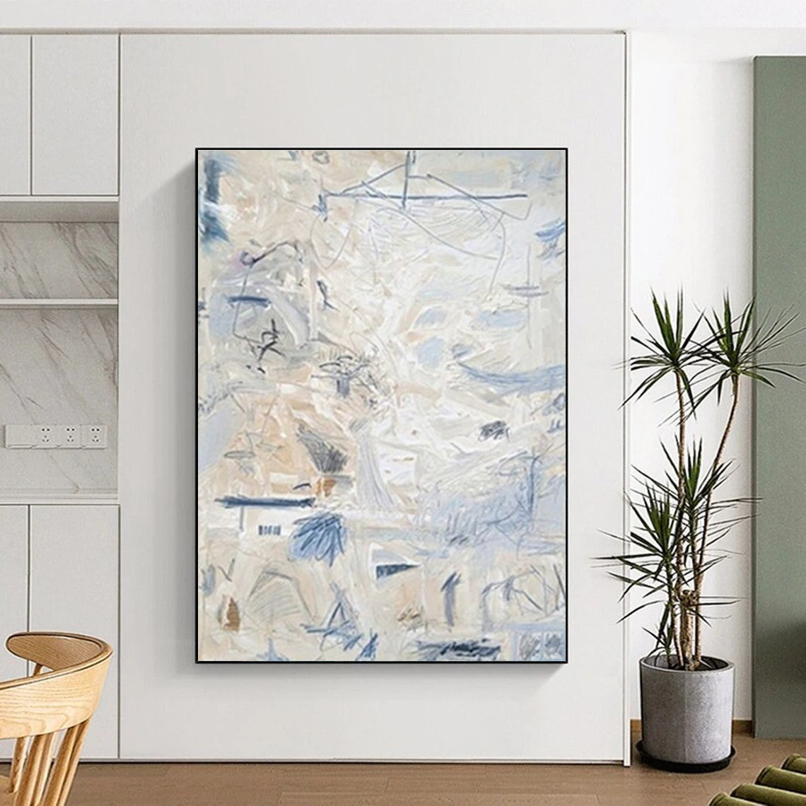 Light - Toned Abstract with Blue Marks Painting for Coastal - Inspired Bedrooms HENG144