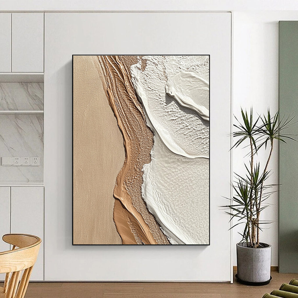 Beige and White Textured Shore Abstract Painting with Coastal Vibes GAB0067