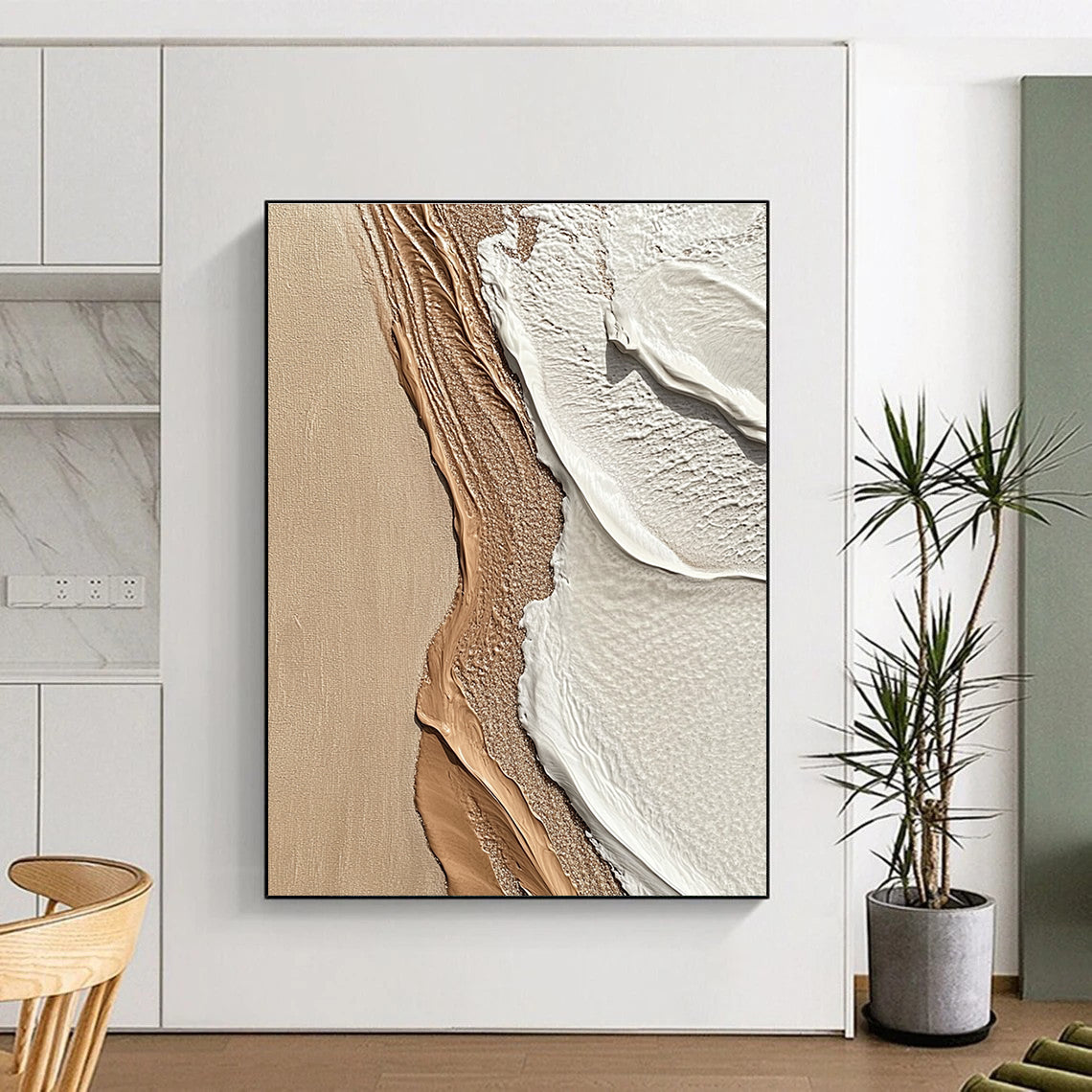 Beige and White Textured Shore Abstract Painting with Coastal Vibes GAB0067