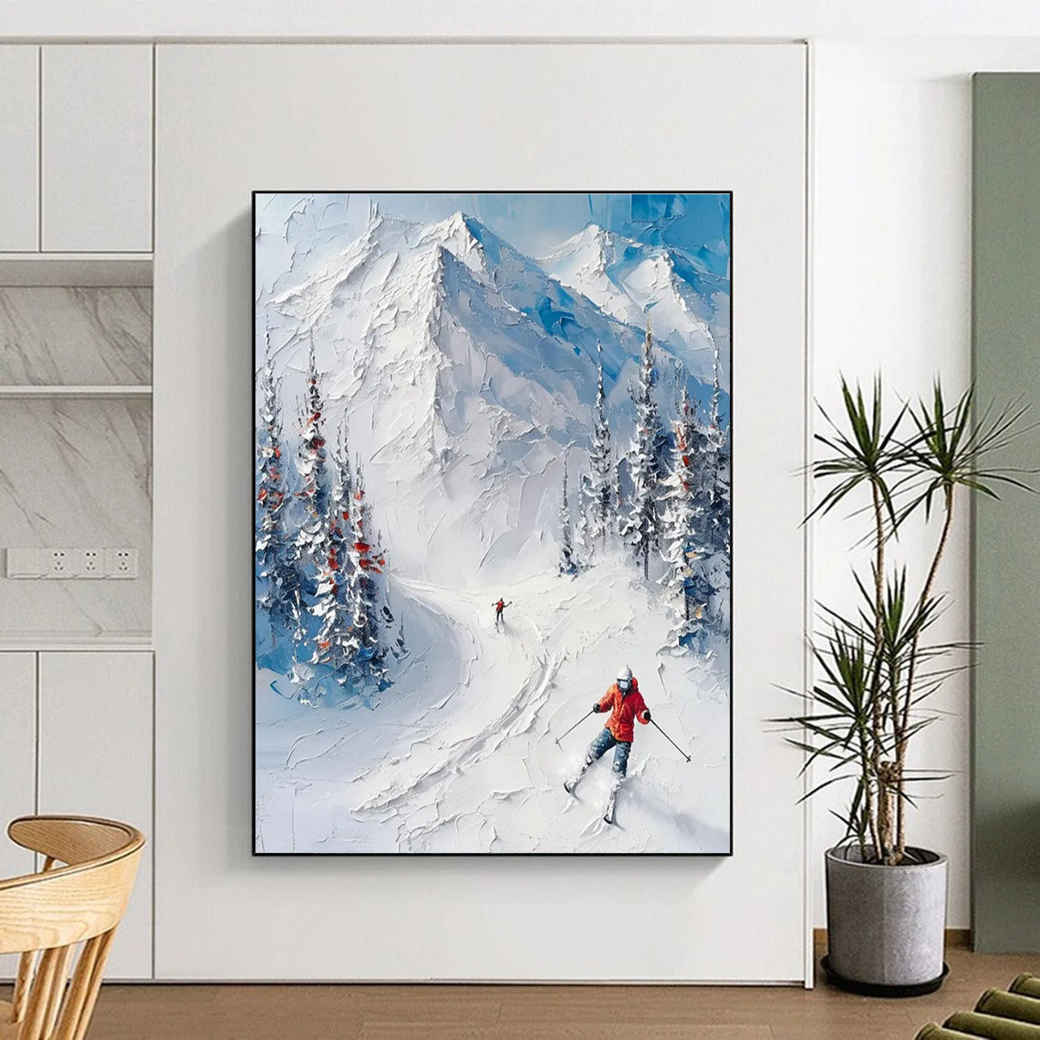 Textured Ski Mountain Scene Painting for Alpine - Inspired Interiors HENG313