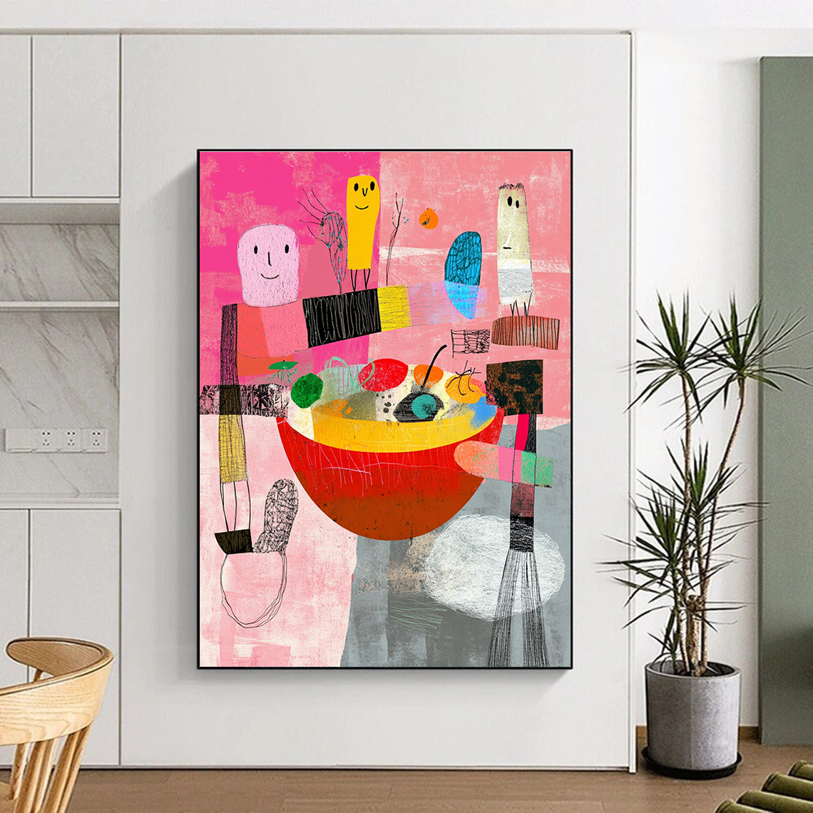 Pink and Colorful Figures Abstract Painting of Whimsical Gathering GAB0097