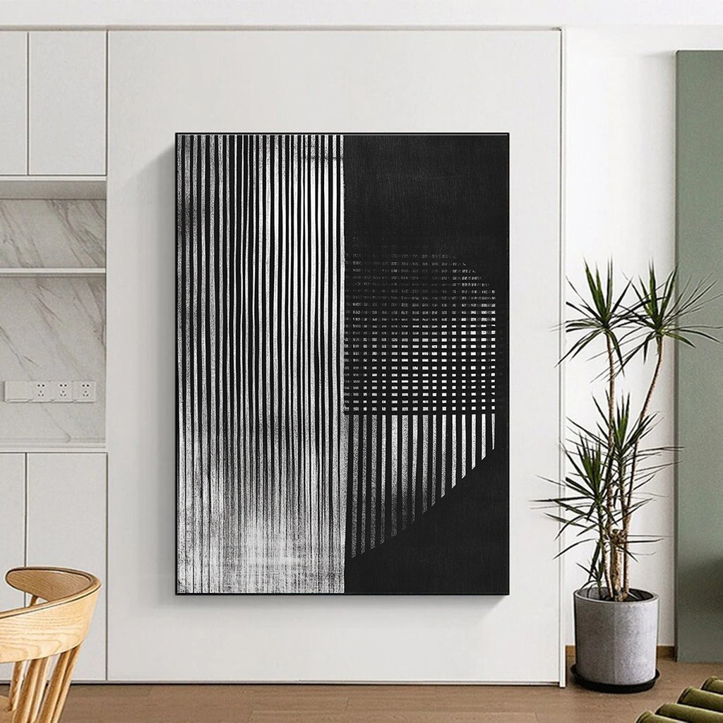 Black and White Striped Abstract Painting with Hidden Textures GAB0030