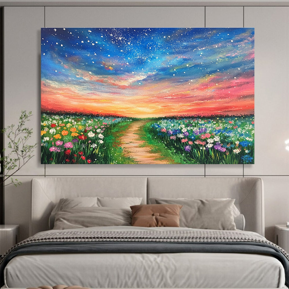 Enchanted Flower Field Path Painting with Vibrant Whimsical Charm ABS555