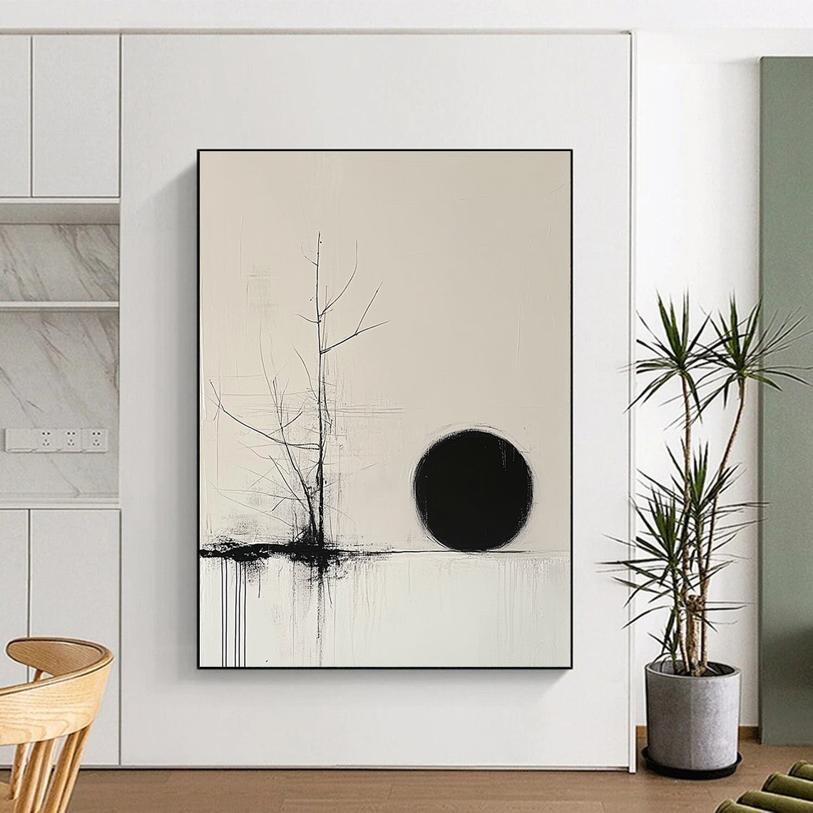 Bare Tree and Black Circle Abstract Painting of Quiet Contemplation GAB0204