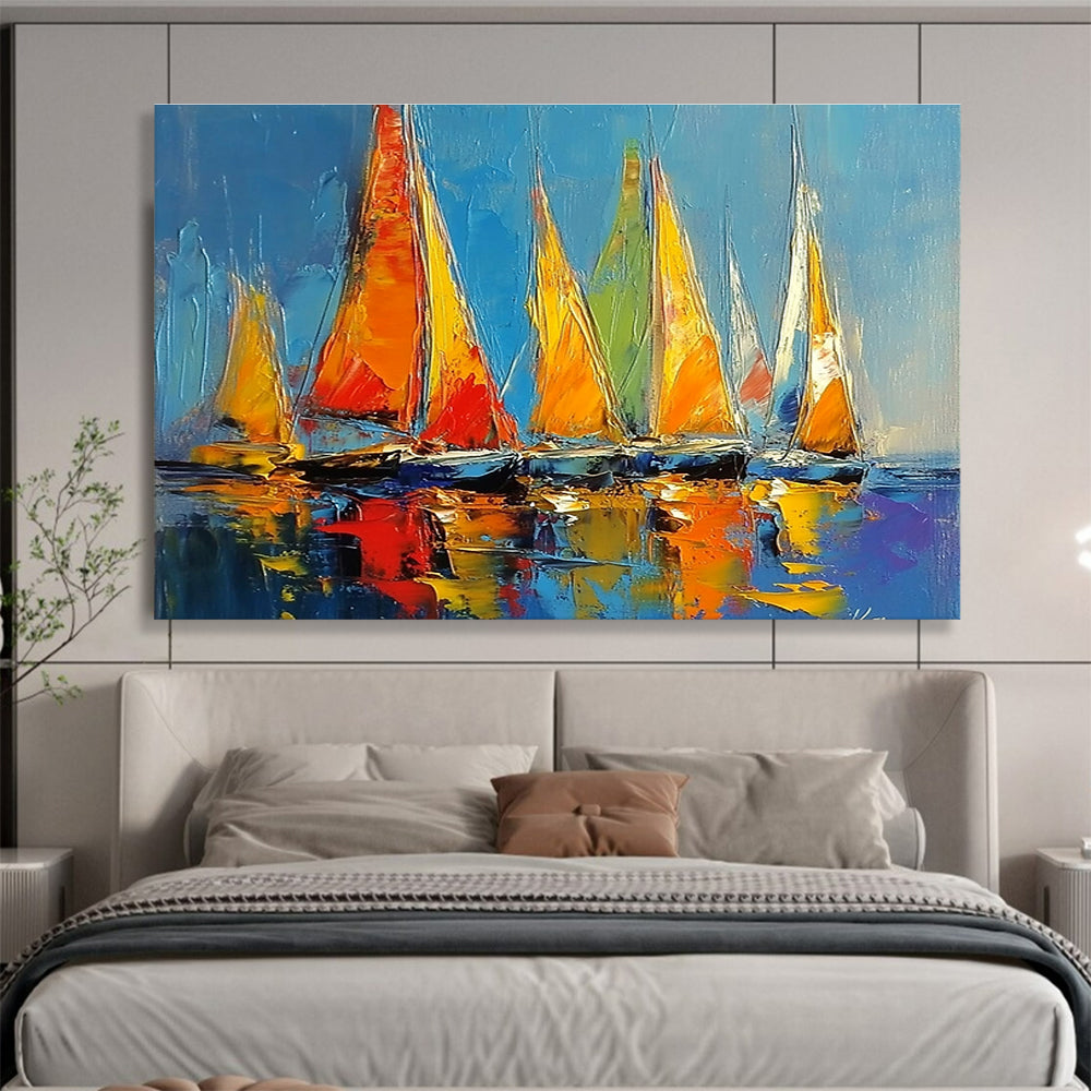 Colorful Sailboats Abstract Painting with Vibrant Maritime Energy ABS433