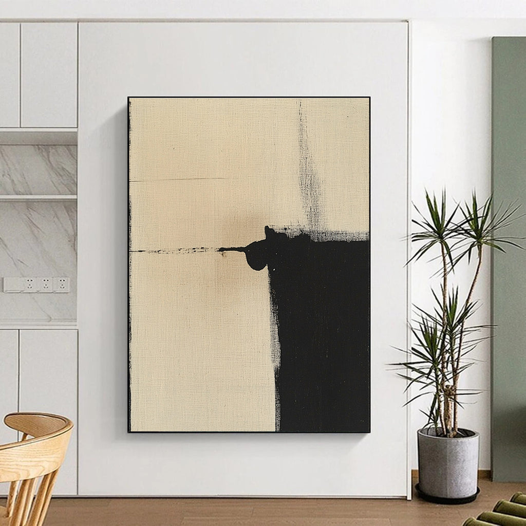 Minimalist Black and Beige Abstract Painting of Quiet Contrast GAB0213