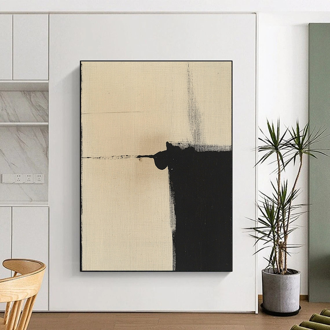 Minimalist Black and Beige Abstract Painting of Quiet Contrast GAB0213