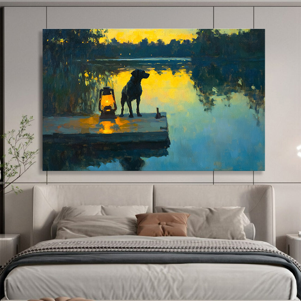 Dog by Lantern on Dock Abstract Painting with Evening Serenity ABS591