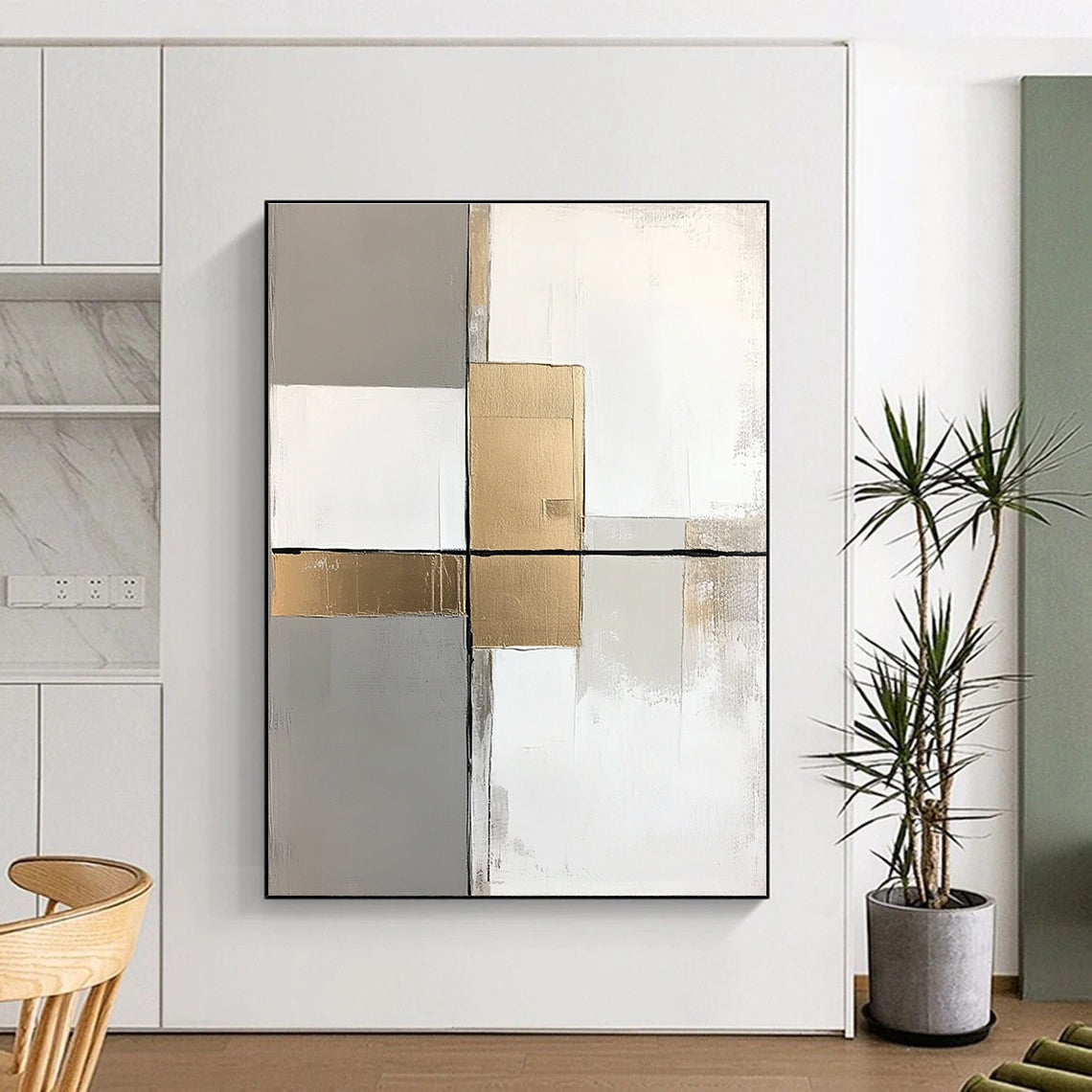Gray Gold White Abstract Painting with Clean Lines WINK649