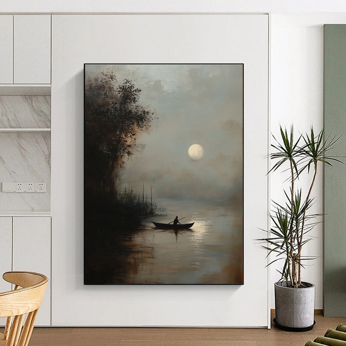 Moonlit Boat Atmospheric Abstract Painting for Rustic - Themed Inns GAB1338