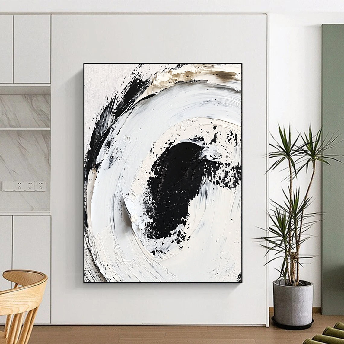 Black White Textured Abstract Painting with Minimalist Depth WINK507