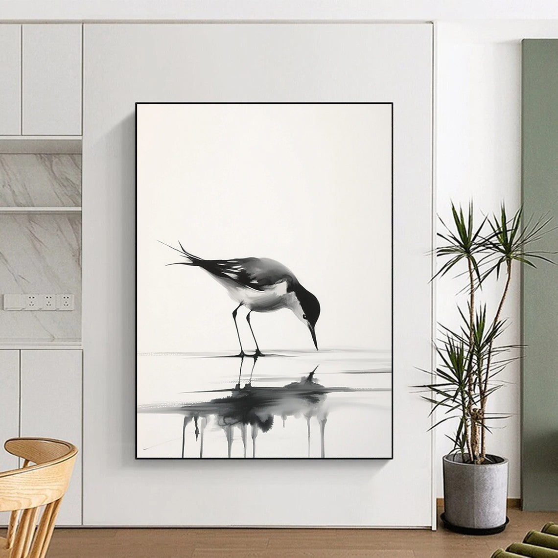 Graceful Bird Reflection Abstract Painting in Ink Wash Style GAB0023