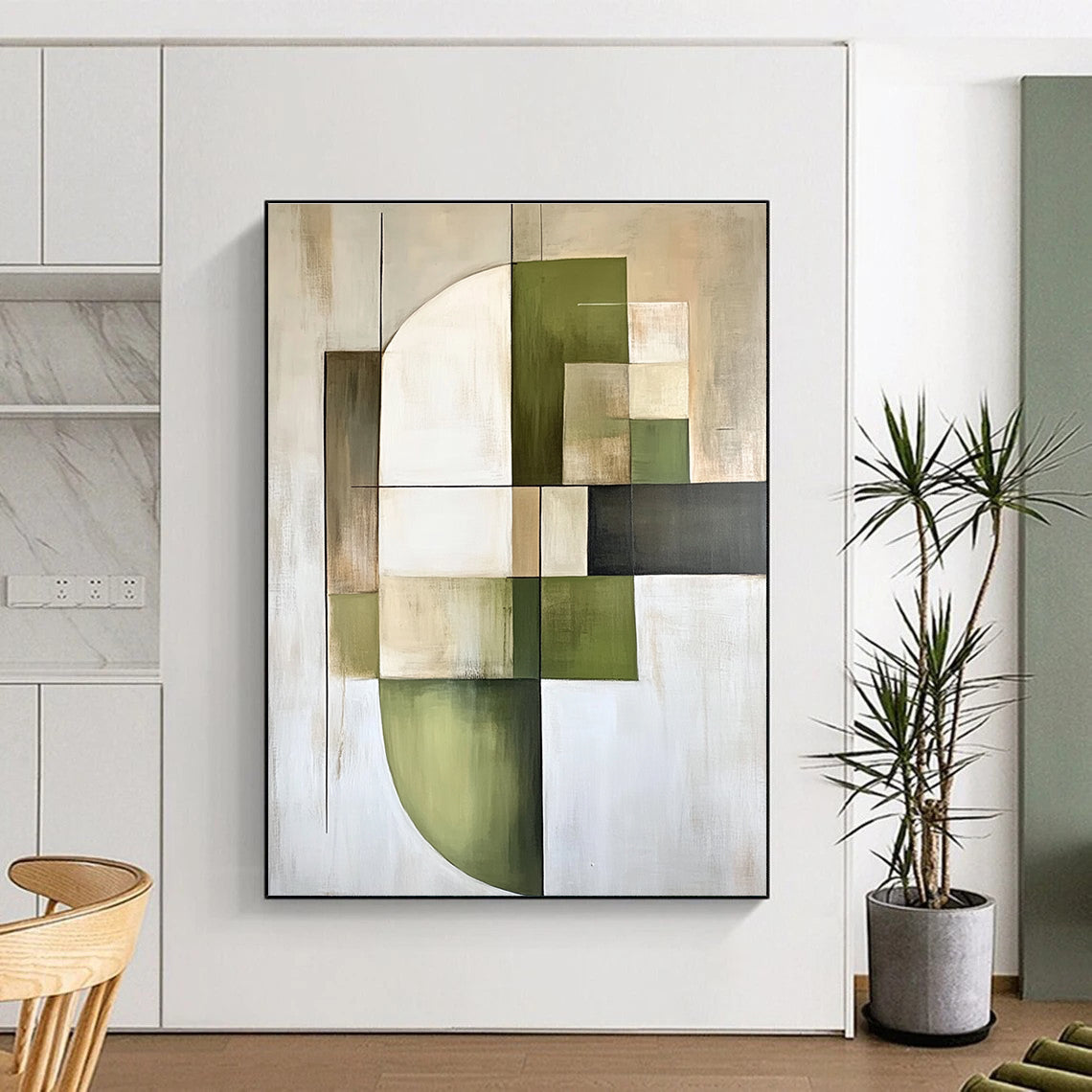 Green and Beige Geometric Abstract Painting for Minimalist - Inspired Offices GAB0903