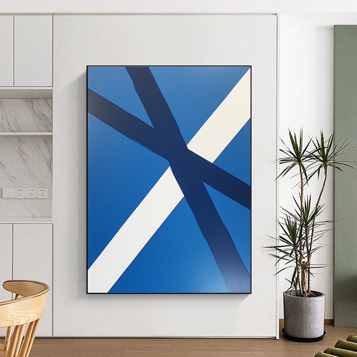 Blue and White Crossed Stripes Abstract Painting with Clean Geometry WINK023