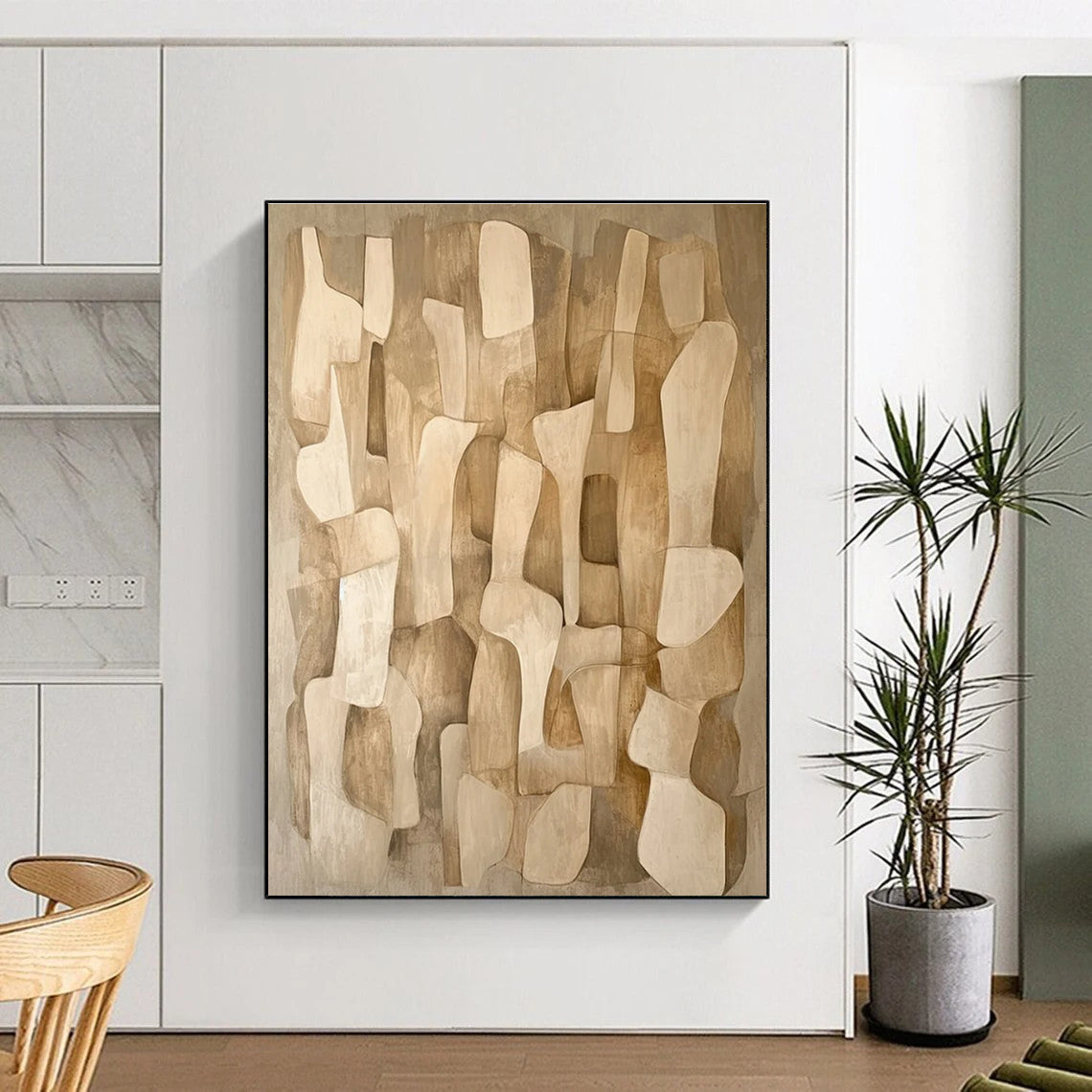 Beige Abstract Shapes Abstract Painting for Minimalist Living Rooms HENG021