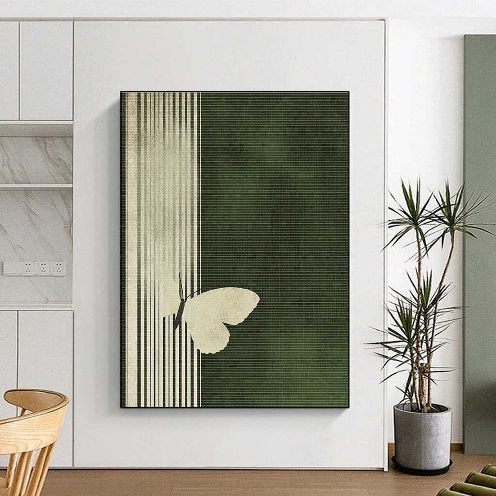 White Butterfly on Green Stripes Abstract Painting of Delicate Contrast GAB0173