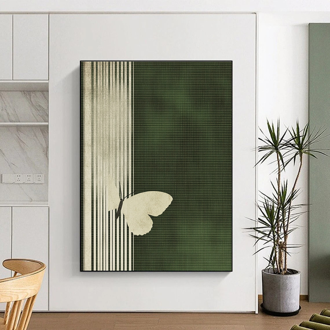 White Butterfly on Green Stripes Abstract Painting of Delicate Contrast GAB0173