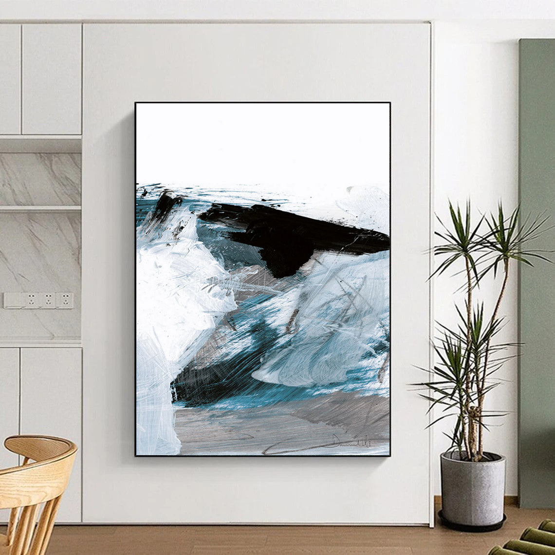 Dynamic Blue - Black Abstract Waves Painting for Coastal Interiors HENG220