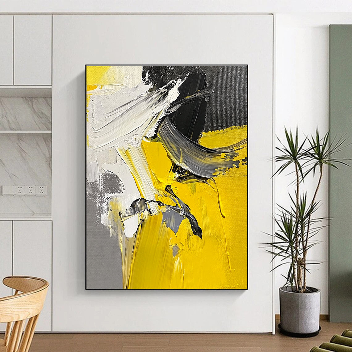 Yellow Black White Abstract Painting with Dynamic Energy WINK552