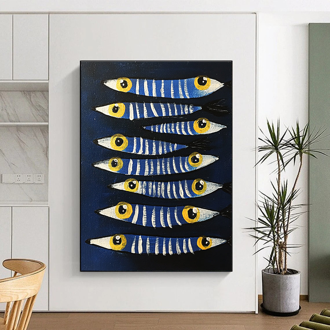 Blue Striped Fish Whimsical Marine Abstract Painting GAB0331