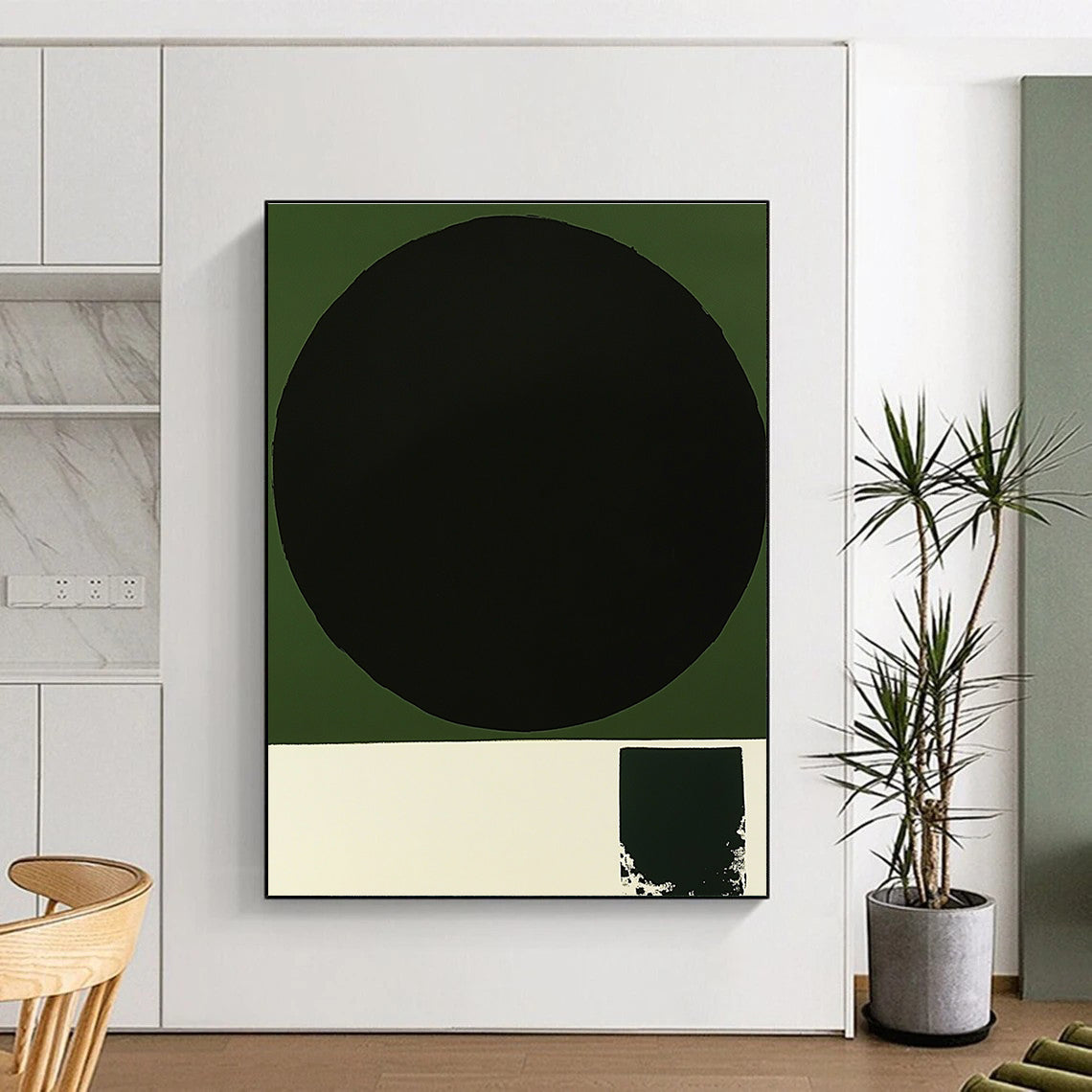 Black Circle on Green Abstract Painting with Bold Contrast WINK218